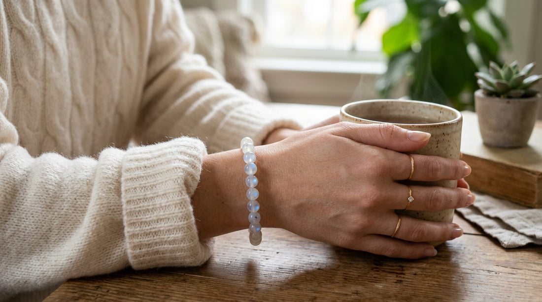 Natural Rainbow Moonstone Bracelet Worn on Woman Wrist - Intuition and Calm Wrist Guide // Lumina Quartz