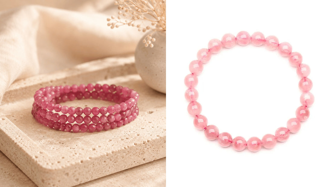 Natural Pink Tourmaline vs Rose Quartz crystal bracelets comparison