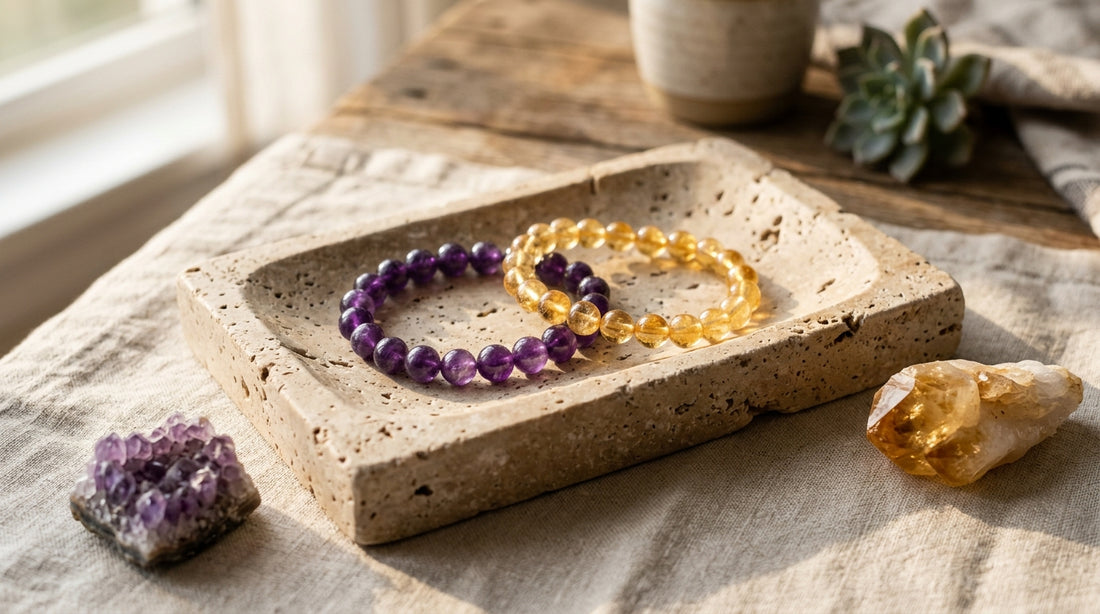 Authentic Amethyst and Citrine Harmony and Abundance Bracelets Interlinked on Travertine Platter // Lumina Quartz