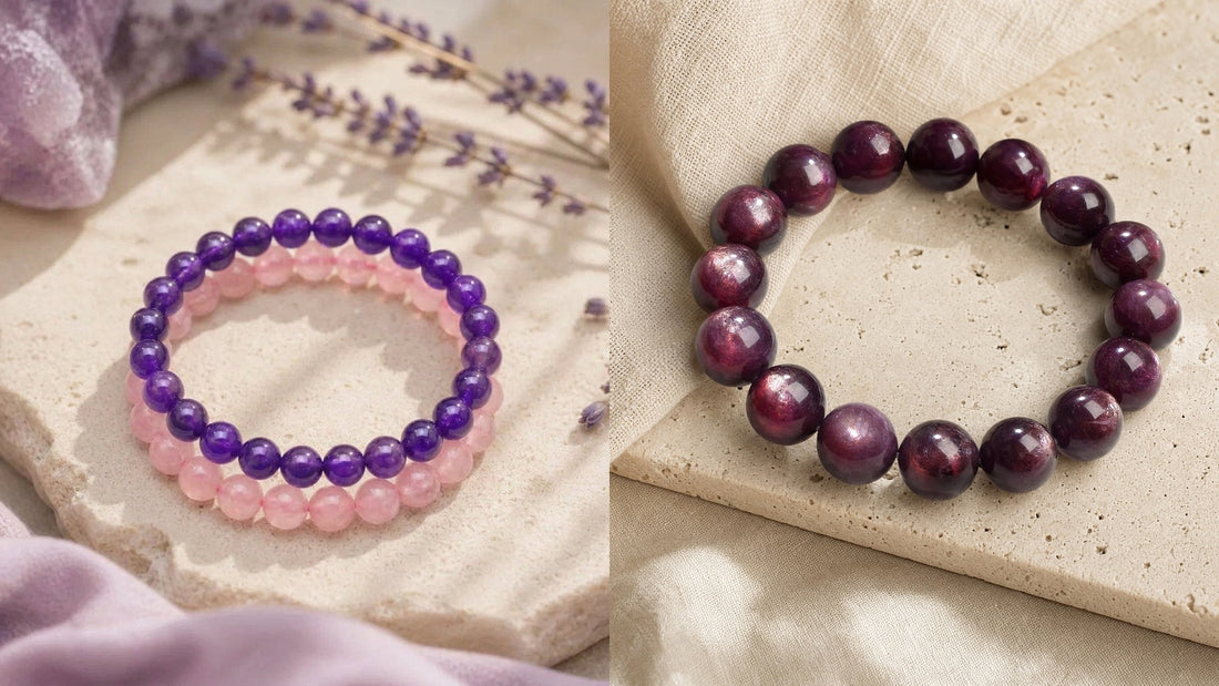 Crystals for sleep including Lepidolite Amethyst and Rose Quartz bedside display