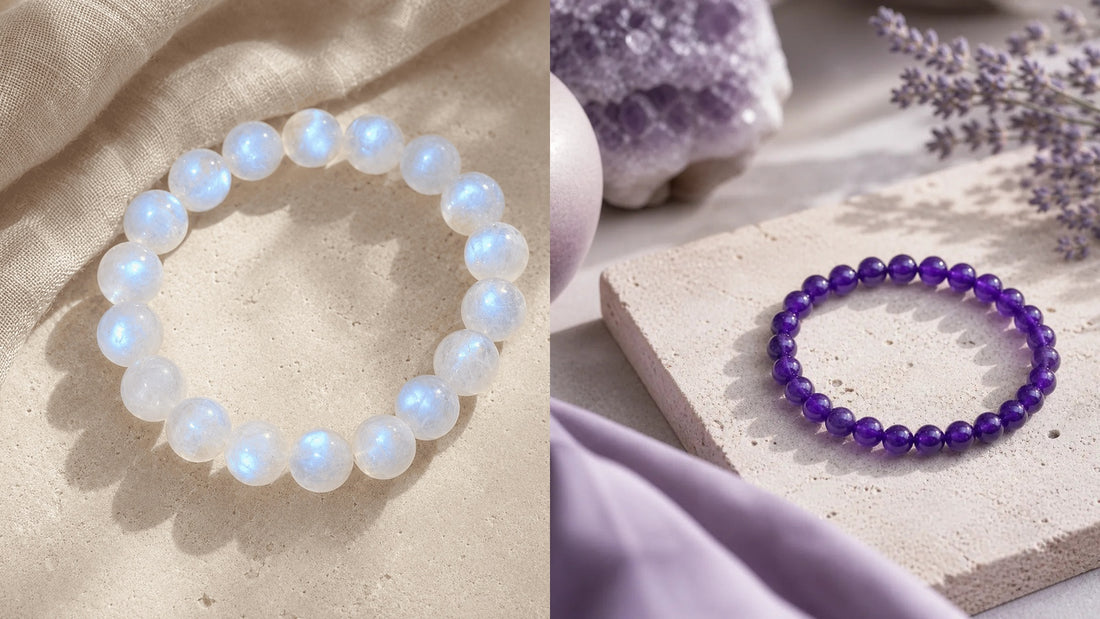 Natural Moonstone vs Amethyst crystal bracelets comparison