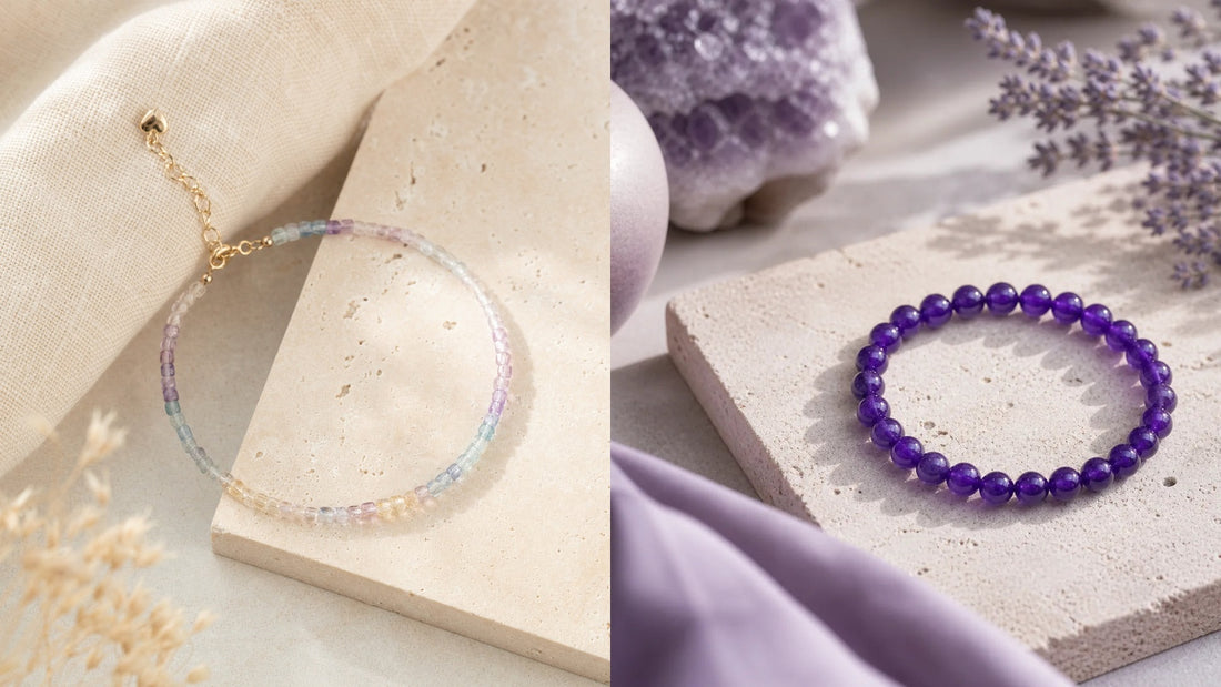Natural Fluorite vs Amethyst crystal bracelets comparison