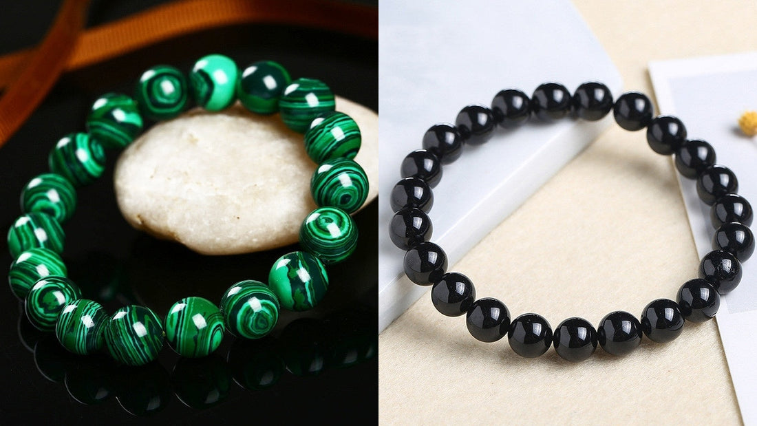 Natural Malachite vs Black Tourmaline crystal bracelets comparison