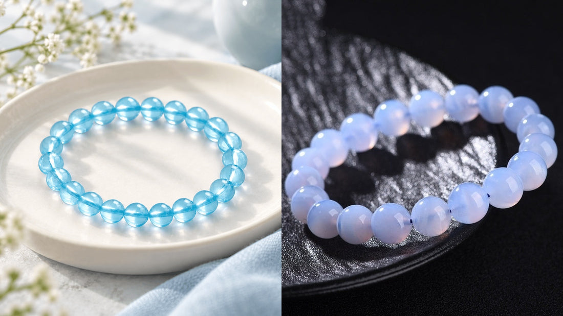 Natural Aquamarine vs Blue Lace Agate crystal bracelets comparison