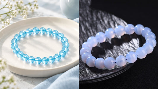 Natural Aquamarine vs Blue Lace Agate crystal bracelets comparison