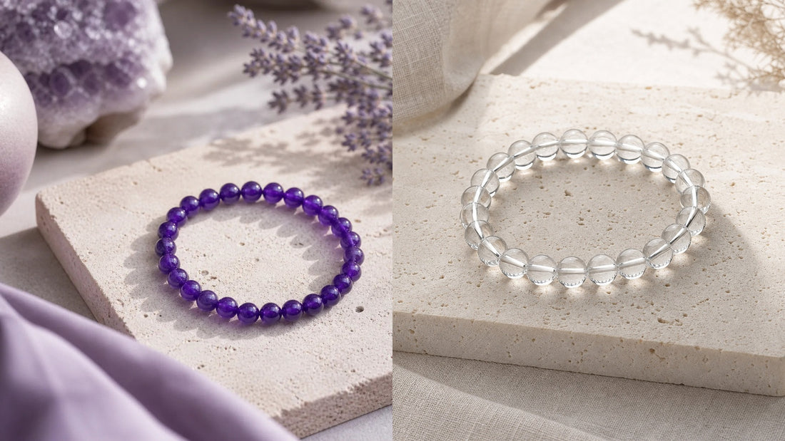 Natural Amethyst vs Clear Quartz crystal bracelets comparison