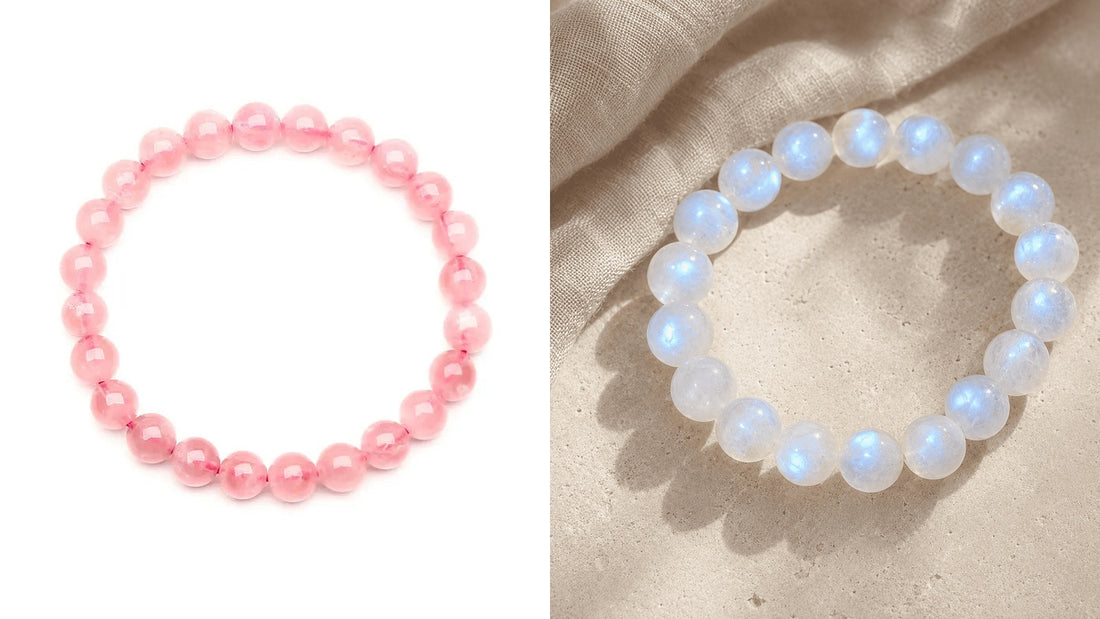 Natural Rose Quartz vs Moonstone crystal bracelets comparison