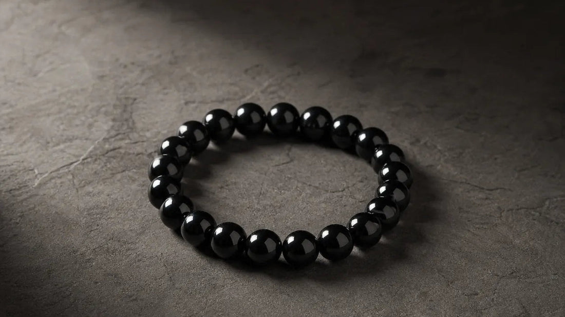 Authentic Obsidian Gemstone Bracelet on Dark Mineral Slate - Grounding and Protection // Lumina Quartz