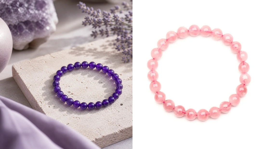 Natural Amethyst vs Rose Quartz crystal bracelets comparison