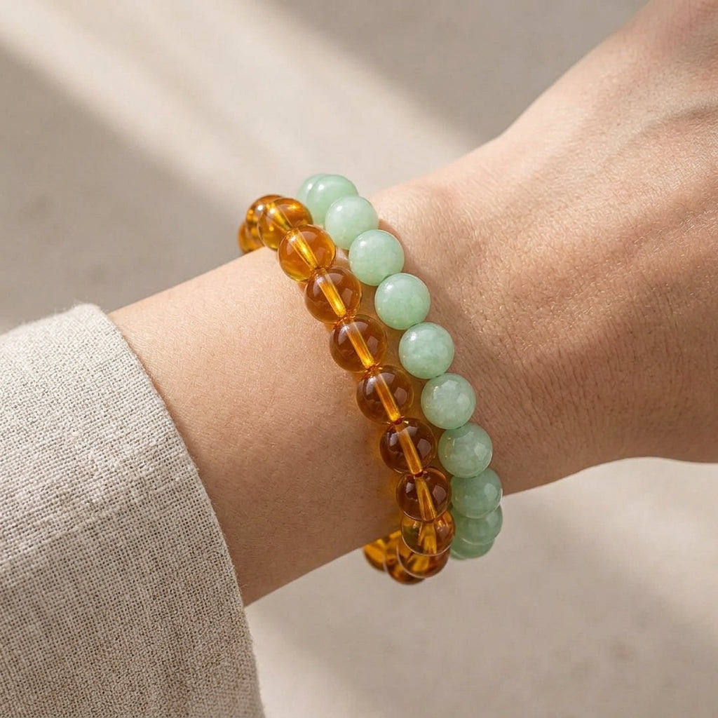 The Money Magnet Wealth Ritual Duo - Authentic Honey Citrine and Soft Mint Green Aventurine Crystal Bracelets Worn on Wrist