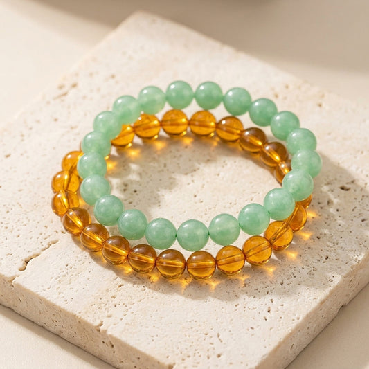 The Money Magnet Wealth Ritual Duo - 100% Pure Natural Citrine & Green Aventurine Crystal Bracelets Set