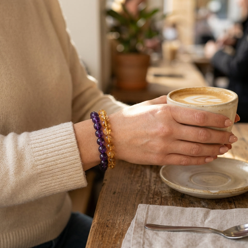 Daily ritual lifestyle on-wrist wear | Citrine and Amethyst synergy stack