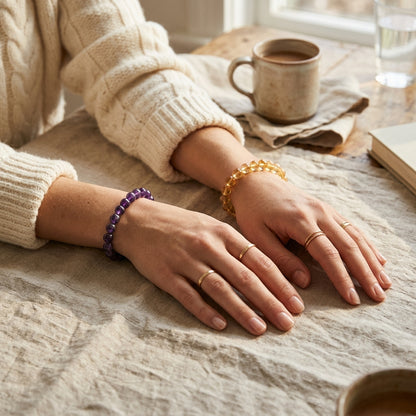 Daily dual-wrist styling | Natural Amethyst on left wrist for peace, Natural Citrine on right wrist for wealth
