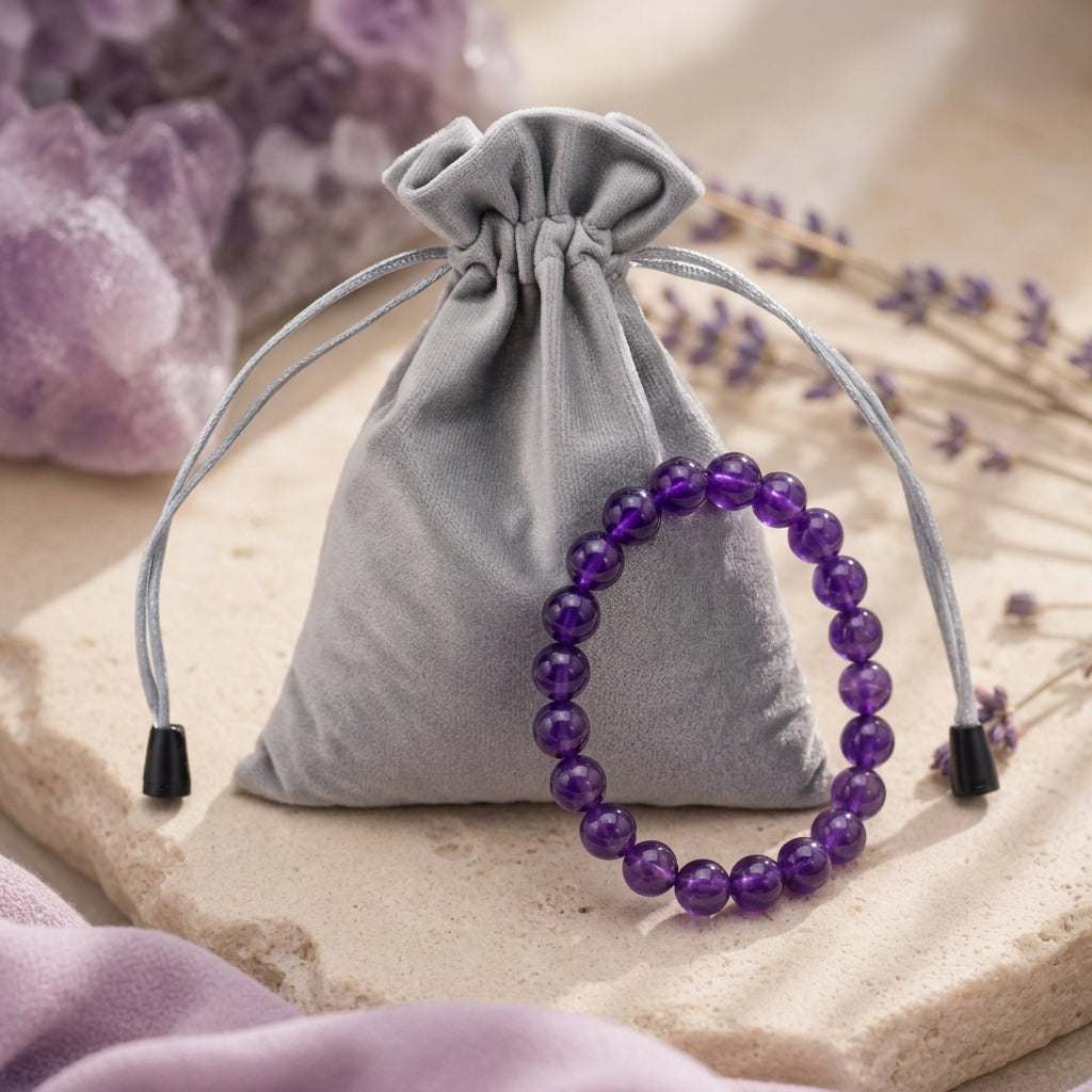 Lumina Quartz Grade AAA Natural Amethyst Calm Bracelet with Signature Silver-Gray Velvet Drawstring Pouch
