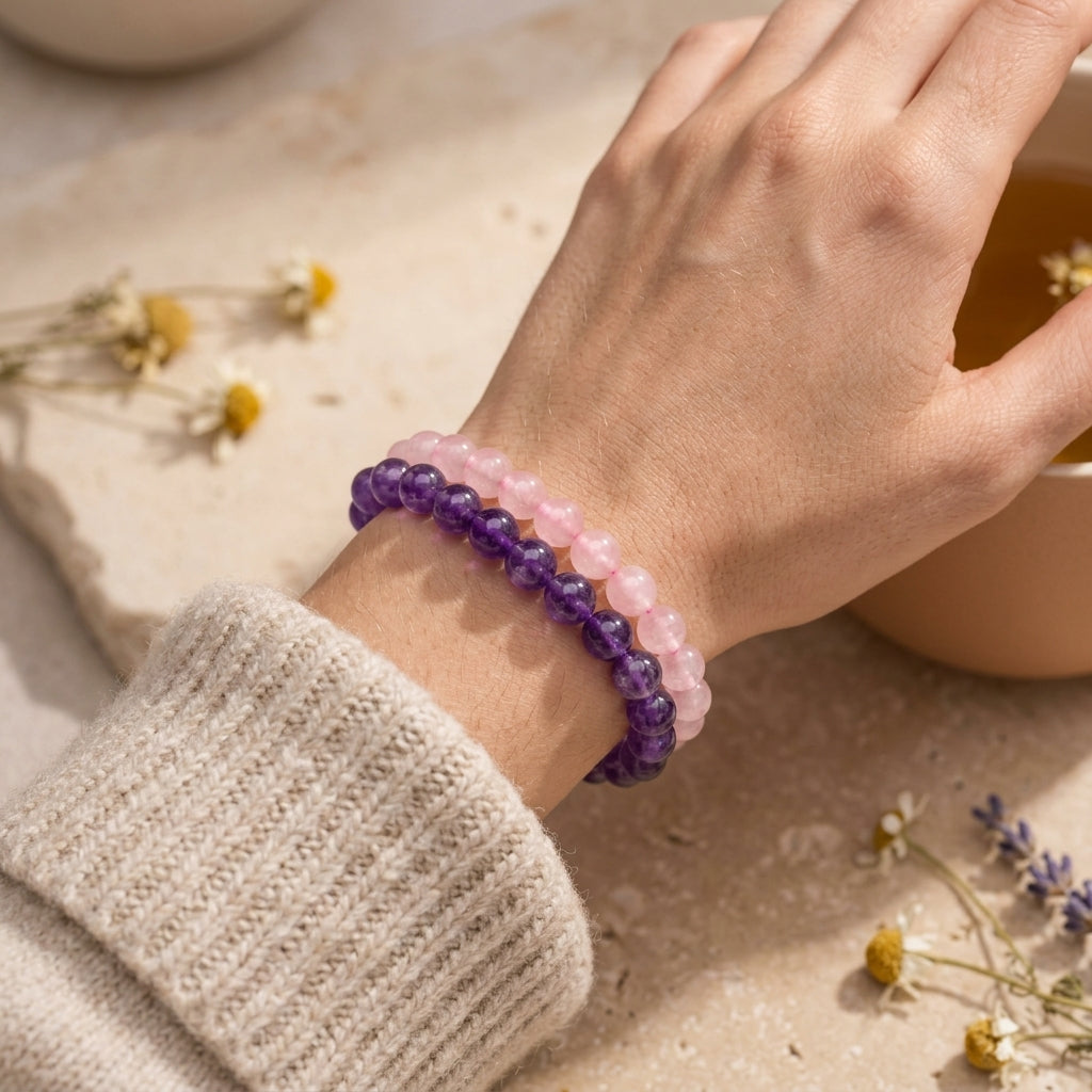 The Sleep Sanctuary and Emotional Peace Duo - Amethyst and Rose Quartz Worn Together on Wrist
