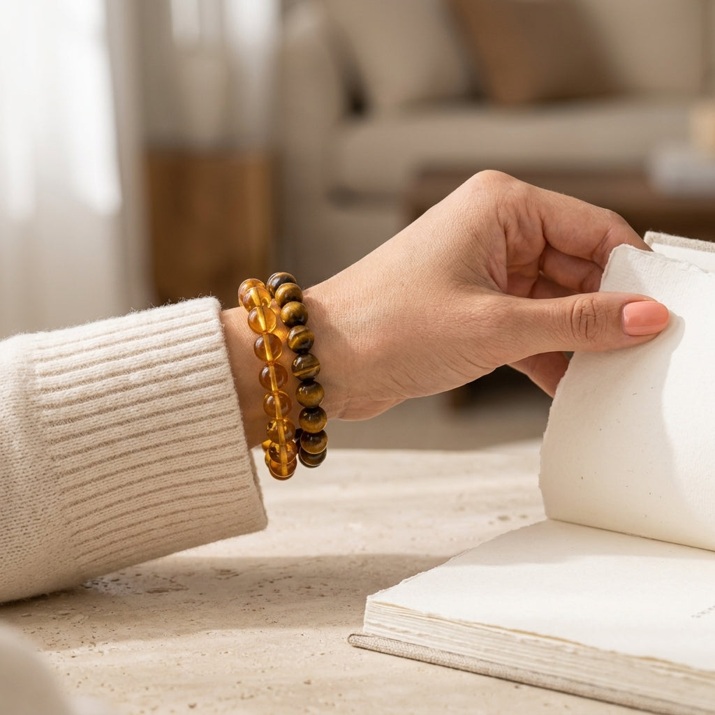 The Abundance and Prosperity Ritual Duo - Natural Citrine and Tiger Eye Bracelets Worn Together on Wrist