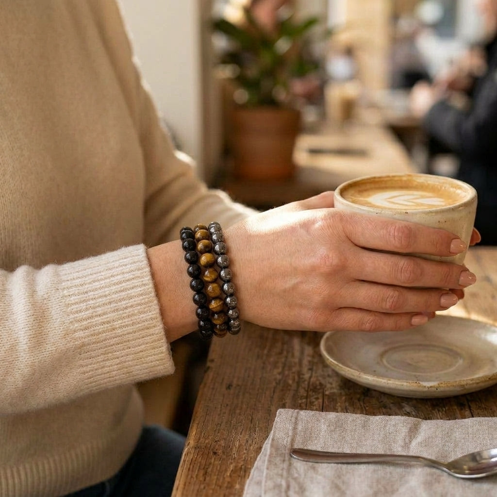 Wearing Triple Protection Bracelet Stack on Left Wrist - Lumina Quartz Lifestyle