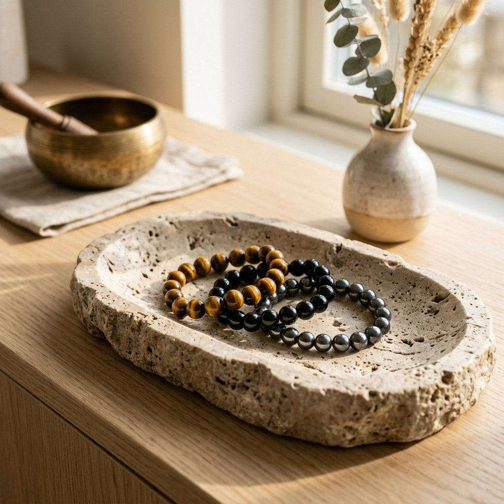The Master Triple Protection Ritual Stack (Tiger Eye, Obsidian, Hematite) on Travertine Altar Tray - Lumina Quartz