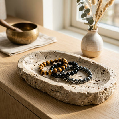 The Master Triple Protection Ritual Stack (Tiger Eye, Obsidian, Hematite) on Travertine Altar Tray - Lumina Quartz