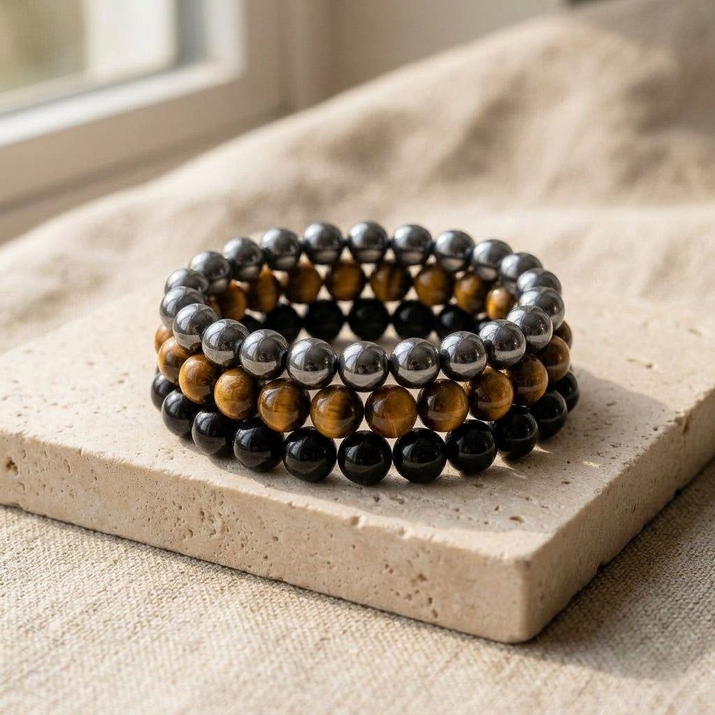 The Master Triple Protection Ritual Stack Trio (Tiger Eye, Obsidian & Hematite) - Lumina Quartz Hero