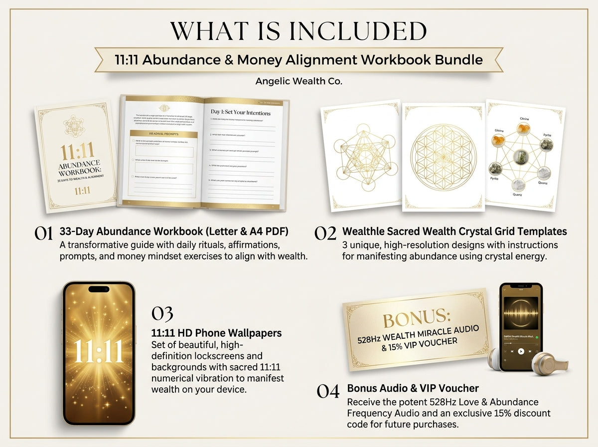 11:11 Abundance & Money Alignment Workbook · 33-Day Wealth Manifestation & Sacred Grids · Lumina Quartz Official Digital Asset #3