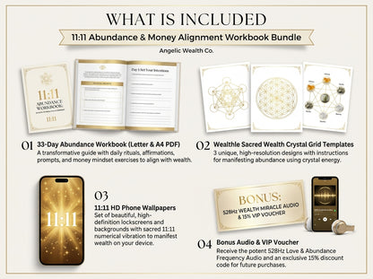 11:11 Abundance & Money Alignment Workbook · 33-Day Wealth Manifestation & Sacred Grids · Lumina Quartz Official Digital Asset #3